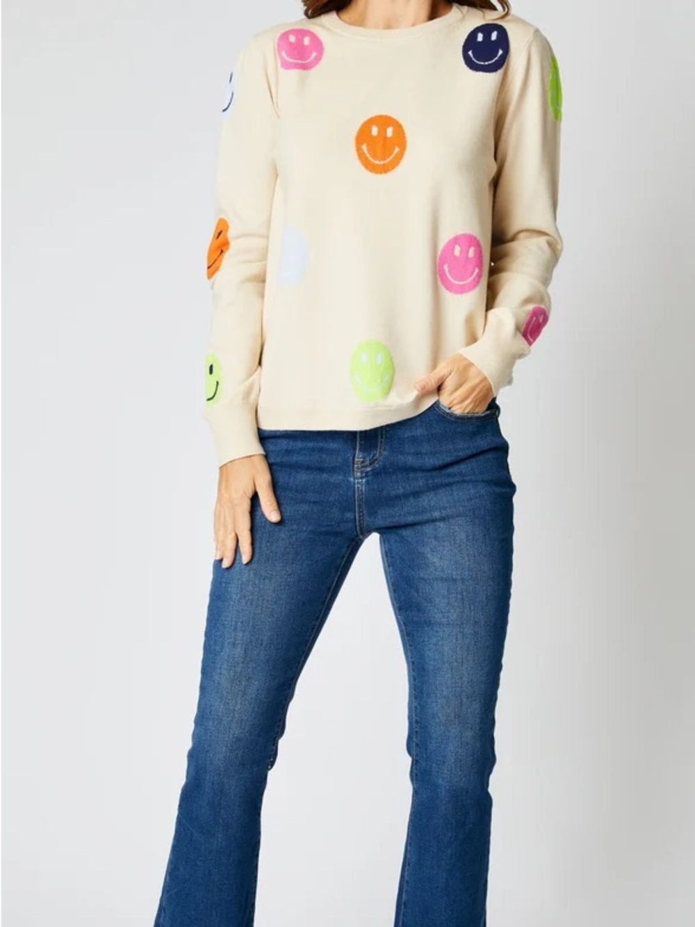 THML Cream Crewneck Sweater with Multicolor Smiley Dots